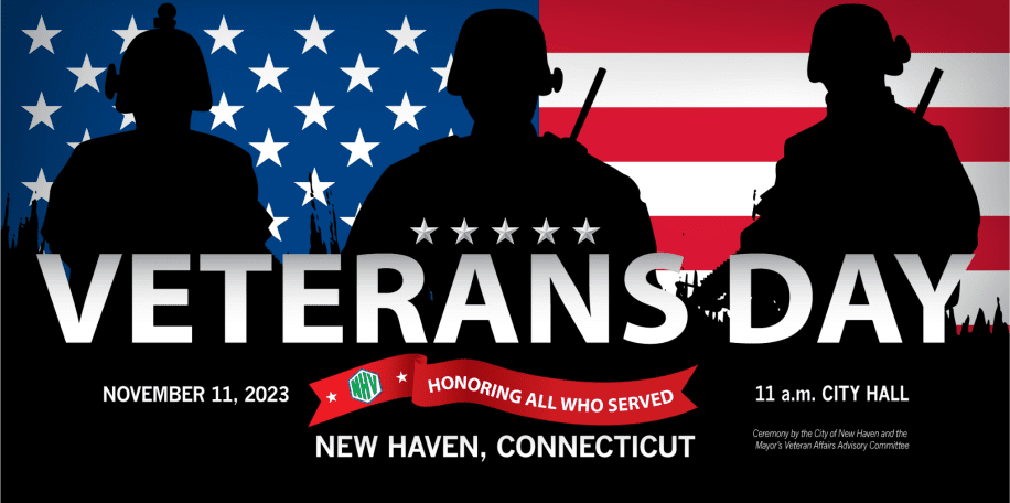 image of three United States service members, American flag, and Veterans Day flyer